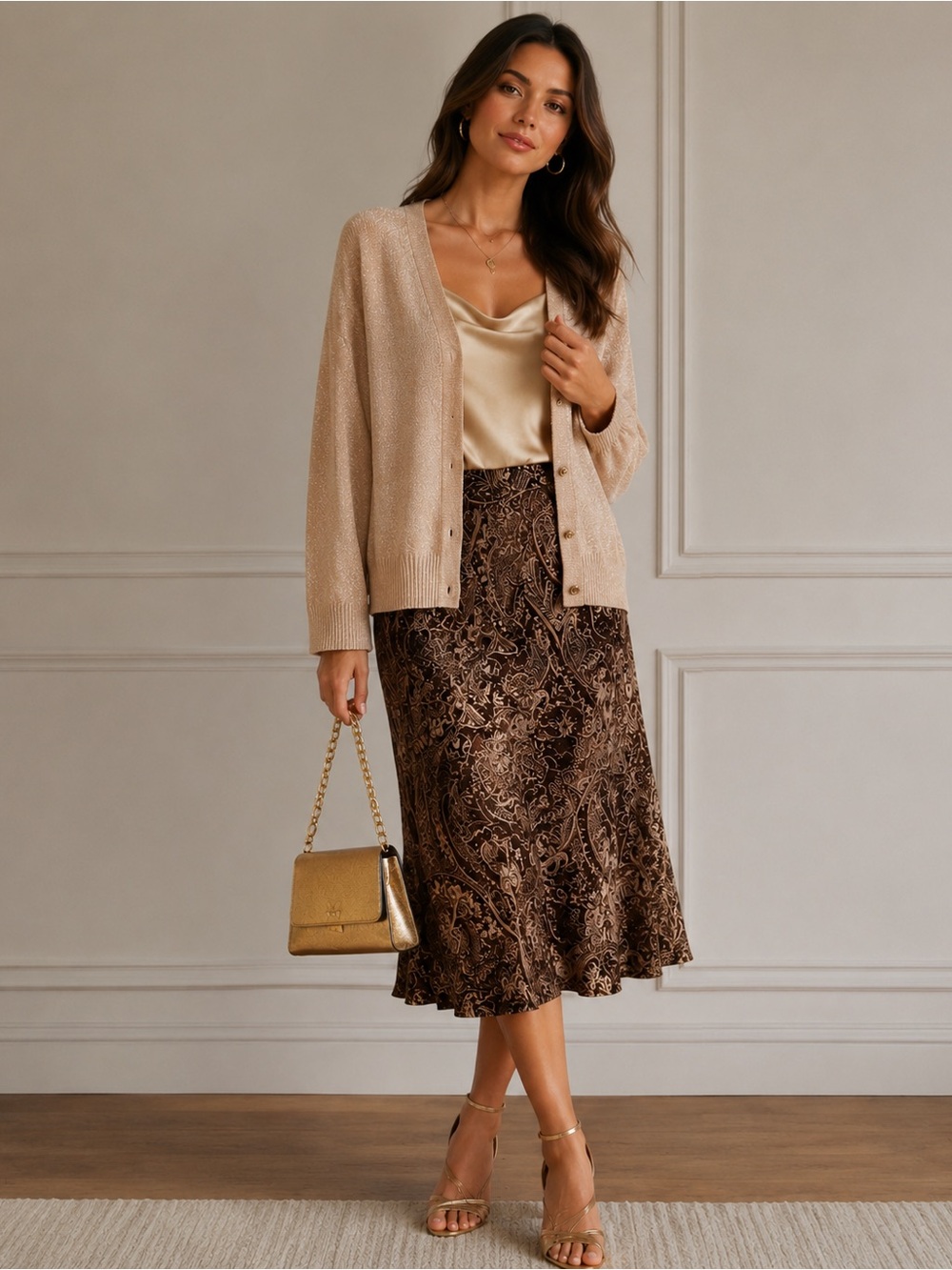 Brown sparkle patterned skirt with gold ca…
